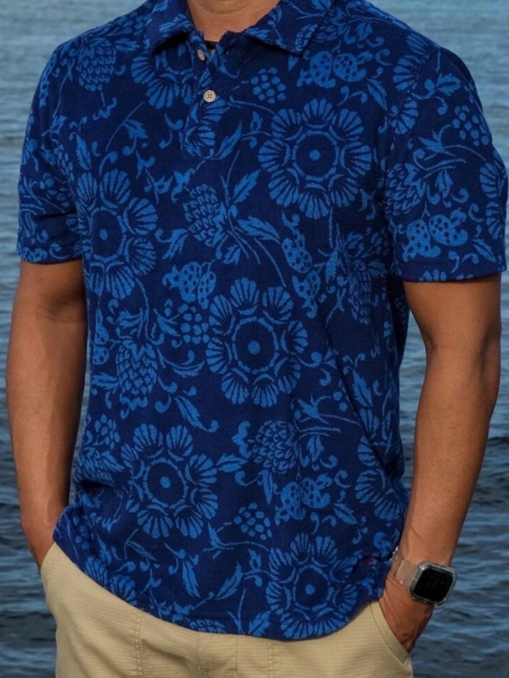 Kahala Duke's Terry Polo Blue Floral Aloha Hawaii XL